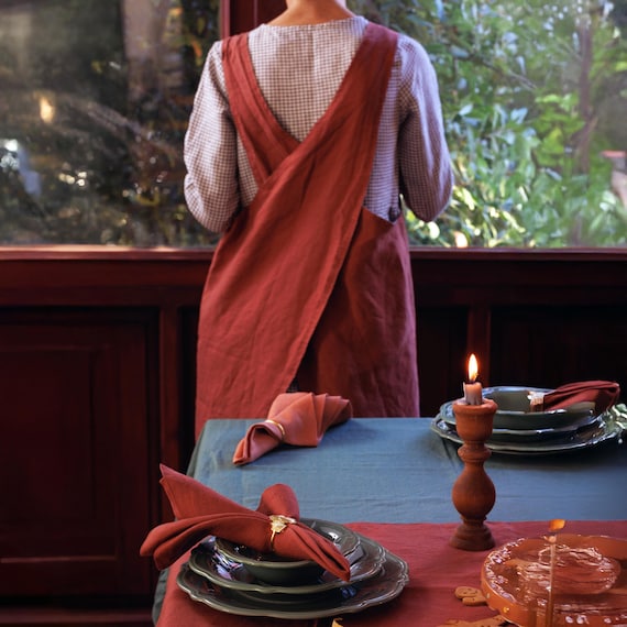 Reversible Linen Apron: No-Tie Organic European Linen, 4 Pockets
