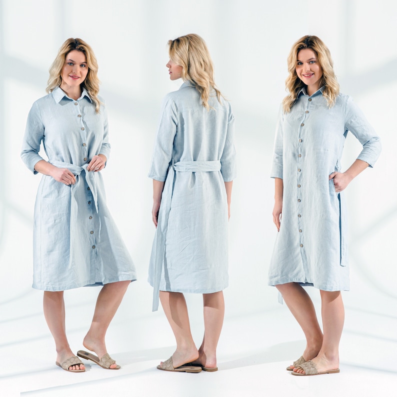 three images of a woman in a blue shirt dress