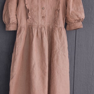 RUFFLED Front LINEN DRESS with Puffed Sleeves, Button Front, Midi-Length Skirt, Adjustable Waist Tie 100% Natural linen 41 Color option image 8