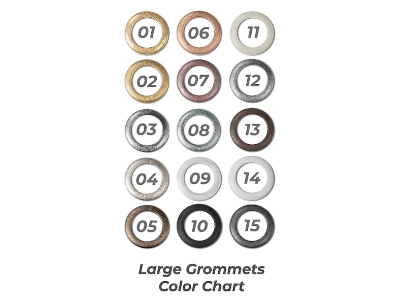 K&ouml;nnte beinhalten: Farbkarte f&uuml;r gro&szlig;e &Ouml;sen, die 15 verschiedene Farben und Oberfl&auml;chen zeigt, darunter Gold, Silber, Schwarz, Wei&szlig; und Kupfer.
