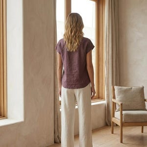 Cap Sleeve Linen Top, V Neck Summer Blouse, Linen Shirt, Organic Flax Blouse, Custom Color Linen Top, Gift for Her | Christmas Gift for Her image 5