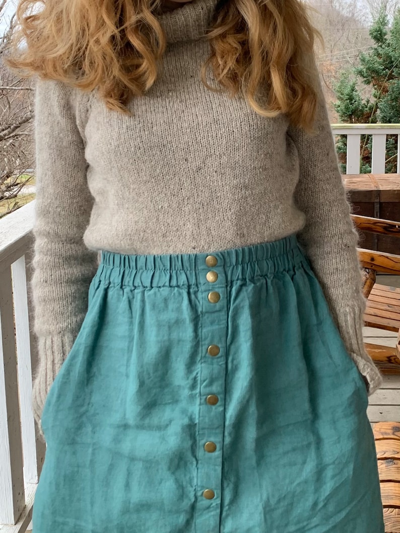 Front Snap Linen Skirt with Discreet Pockets Eco-Friendly Linen Wrap Skirt High Waist Linen Skirt Midi Linen Skirt image 2