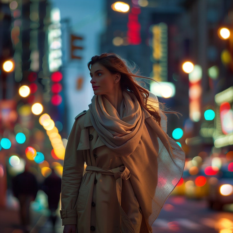 May include: A woman wearing a beige trench coat with a light brown scarf over a white shirt, standing in a city setting with blurred lights in the background.