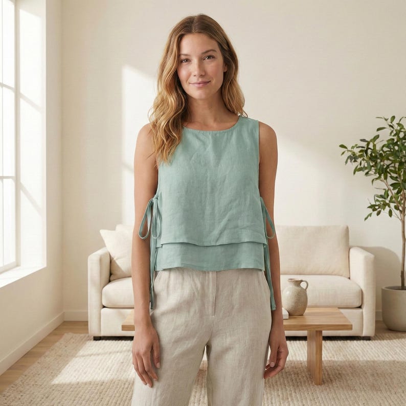Puede incluir: Top sin mangas de color verde apagado con dise&ntilde;o de capas. El top presenta detalles de lazos en los laterales. Combinado con pantalones beige claro. El atuendo es informal y c&oacute;modo, adecuado para el uso diario.