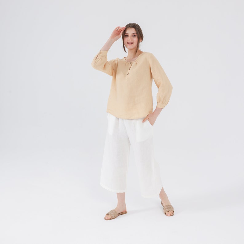 Scoop Button-Up LINEN TOP with 3/4 Sleeves and Cuffs in 41 Color Options, Washed and Pre-shrunk Linen, Mothers Day Gift for Her image 1