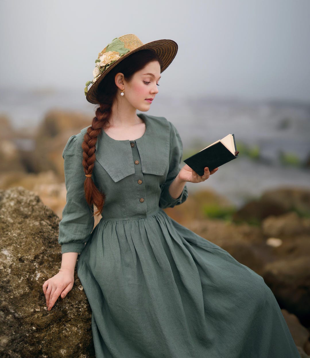 Linen Maxi Dress: Sailor Collar, Button Front, Adjustable Waist Christmas  Gift for Her Sweden