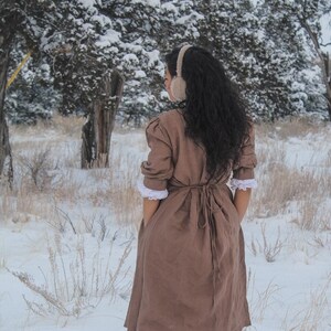 Ruffled Linen Midi Dress, Puff Sleeves, Adjustable Waist | Christmas Gift for Her image 6