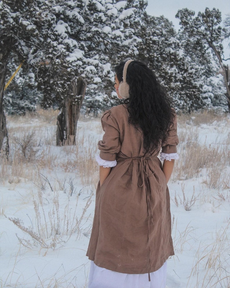 Ruffled Linen Midi Dress, Puff Sleeves, Adjustable Waist | Christmas Gift for Her image 6