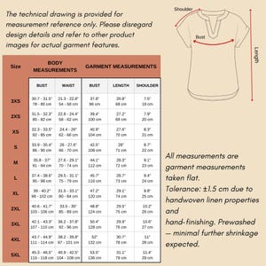 May include: A size chart for a short-sleeved top with a split neckline, featuring a technical line drawing and a table listing body and garment measurements in inches and centimeters for sizes 3XS through 5XL, including a tolerance note.