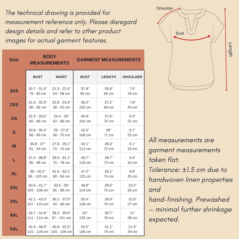 May include: A size chart for a short-sleeved top with a split neckline, featuring a technical line drawing and a table listing body and garment measurements in inches and centimeters for sizes 3XS through 5XL, including a tolerance note.