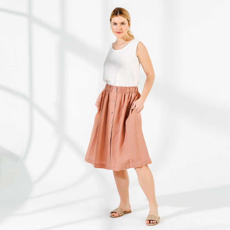 Front Button Linen Skirt With Pockets Pleated Elastic Waist - Etsy