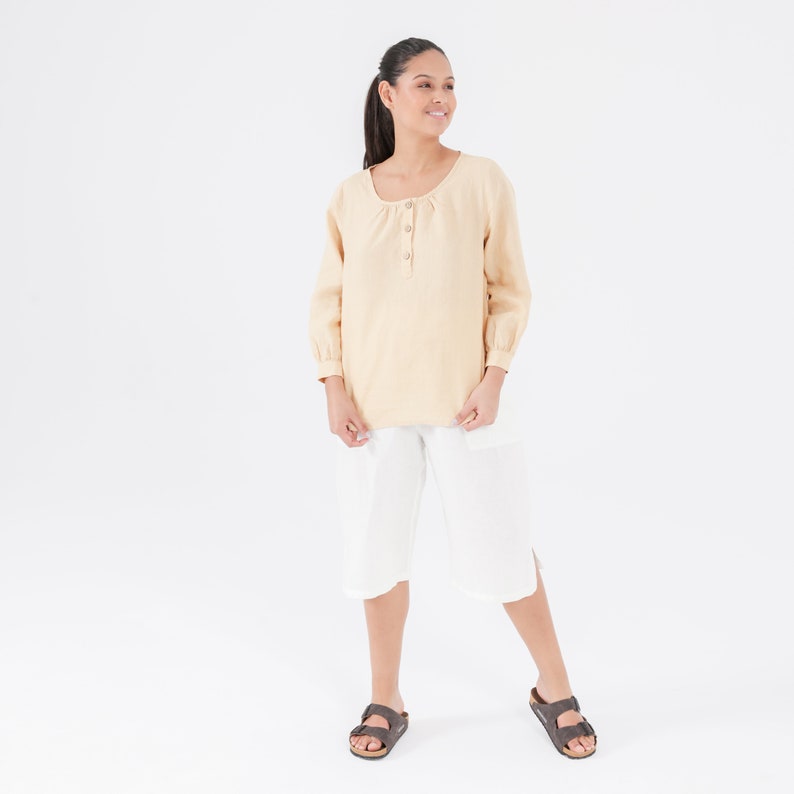 Scoop Button-Up LINEN TOP with 3/4 Sleeves and Cuffs in 41 Color Options, Washed and Pre-shrunk Linen, Mothers Day Gift for Her image 2