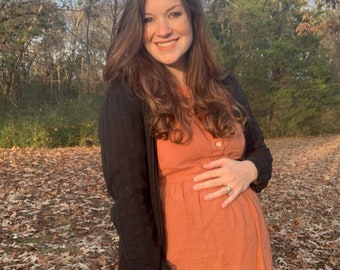 Maternity Linen Midi Dress, Puff Sleeves, Pockets, Winter, Handmade | Mothers Day Gift for Her