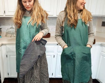 Reversible Cross Back Linen Apron with Pockets | 41 Color, Customizable Apron, Japanese Style, No Ties, Mothers Day Gift for Her