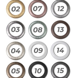 May include: Color chart for large grommets, showing 15 different colors and finishes, including gold, silver, black, white, and copper.