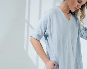 Sky Blue V Neck Linen Tunic Dress with Pockets | Half Sleeves Linen Tunic Dress, Relaxed Fit | Mothers Day Gift for Her