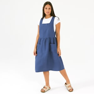 Custom LINEN PINAFORE Dress in 41 color options | Apron Linen Dress in MIDI length | Washed 100% Natural Linen Mothers Day Gift for Her