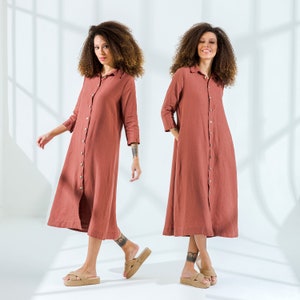 Linen Collared Linen Shirt Dress 3/4 Sleeve, Relaxed Fit Belt Pockets Mothers Day Gift for Her image 2