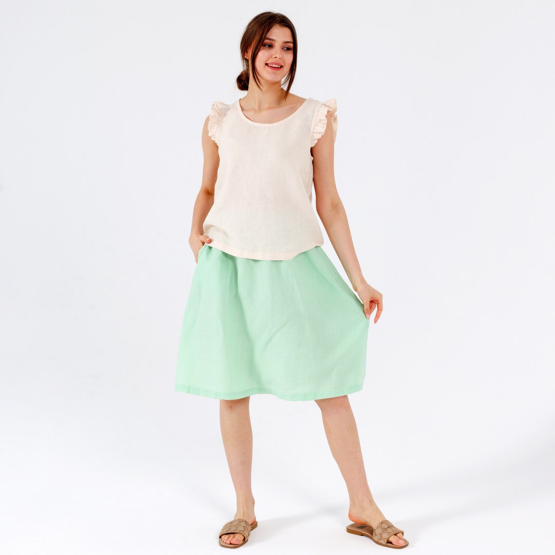 LINEN MIDI SKIRT With Hidden Pockets, Elastic Waist Linen Skirt, Linen Skirt for Women, 100