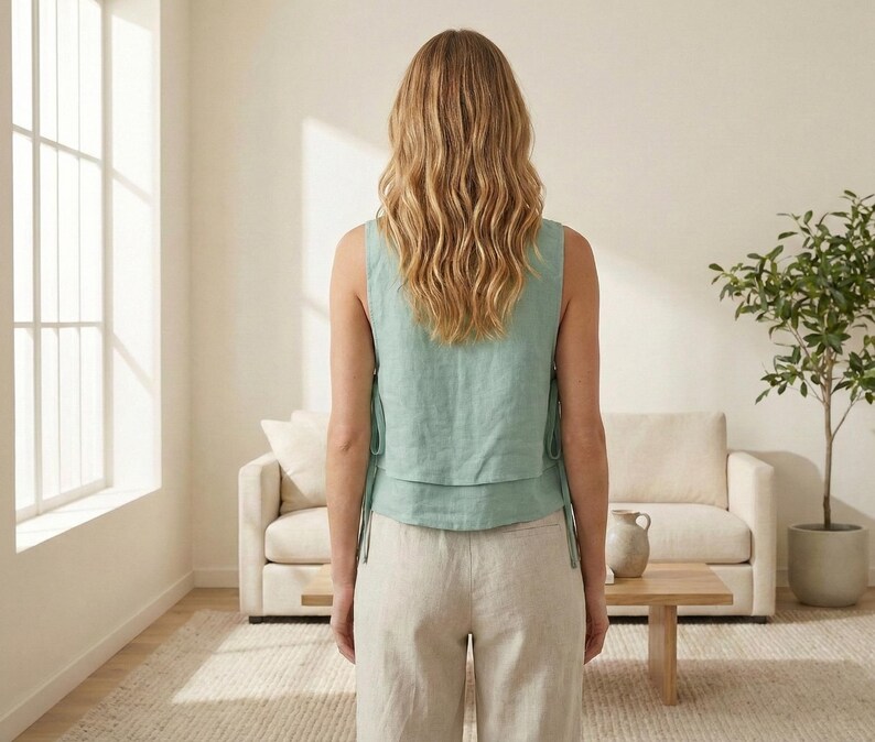 Puede incluir: Un top sin mangas verde claro con lazos, combinado con pantalones de lino beige. El conjunto lo lleva una persona con pelo largo y rubio ondulado. El fondo incluye un sof&aacute; beige, una mesa de madera y una planta en maceta.