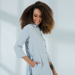 Linen Collared Linen Shirt Dress 3/4 Sleeve, Relaxed Fit Belt Pockets Mothers Day Gift for Her image 9