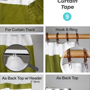 May include: A close-up of a green curtain with a white header and different ways to hang it. The curtain can be hung on a track, with hooks and rings, or with a rod. The header can be folded over to create a 2-inch (5 cm) header.