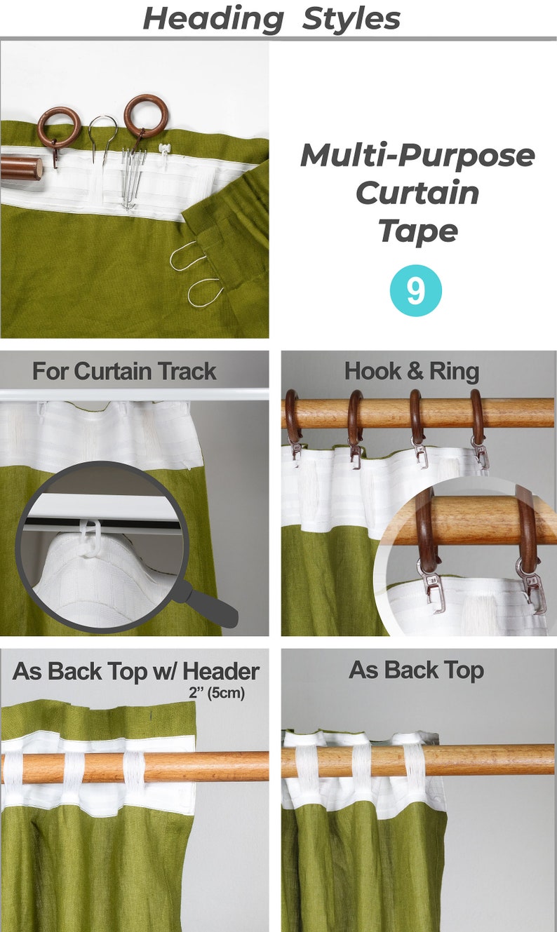 May include: A close-up of a green curtain with a white header and different ways to hang it. The curtain can be hung on a track, with hooks and rings, or with a rod. The header can be folded over to create a 2-inch (5 cm) header.