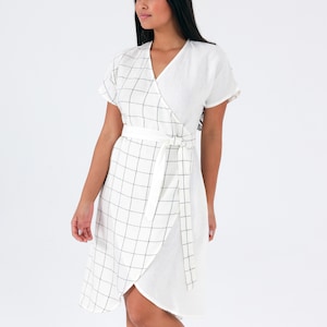 TWO-COLOR Linen WRAP Dress and Tie Detail, 100%  Linen Fabric, White Linen Wedding Dress,  Bride Reception Dress, Mothers Day Gift for Her