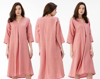 V Neck Linen Dress with Belt | Loose Linen Dress | Summer Dress | 3/4 Sleeve Linen Dress- Mothers Day Gift for Her