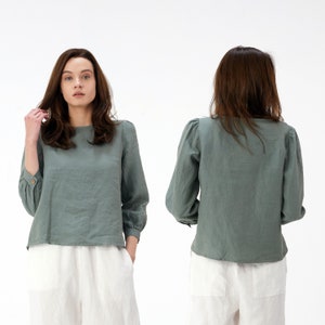 Linen Top Blouse | Christmas Gift | Linen Boat Neckline Top with 3/4 Puffed Sleeves and button cuffs | Christmas Gift for Her
