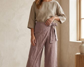 Wikkelbroek van 100% Europees linnen – Broek met hoge taille en wijde pijpen | Kerstcadeau voor haar