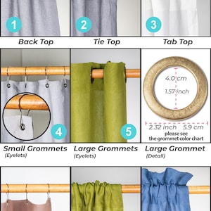 May include: Diagram showing different curtain header styles, including back top, tie top, tab top, small grommets, large grommets, button hole, and rod pocket. The diagram also shows the size of a large grommet, which is 1.57 inches or 4 cm in diameter.