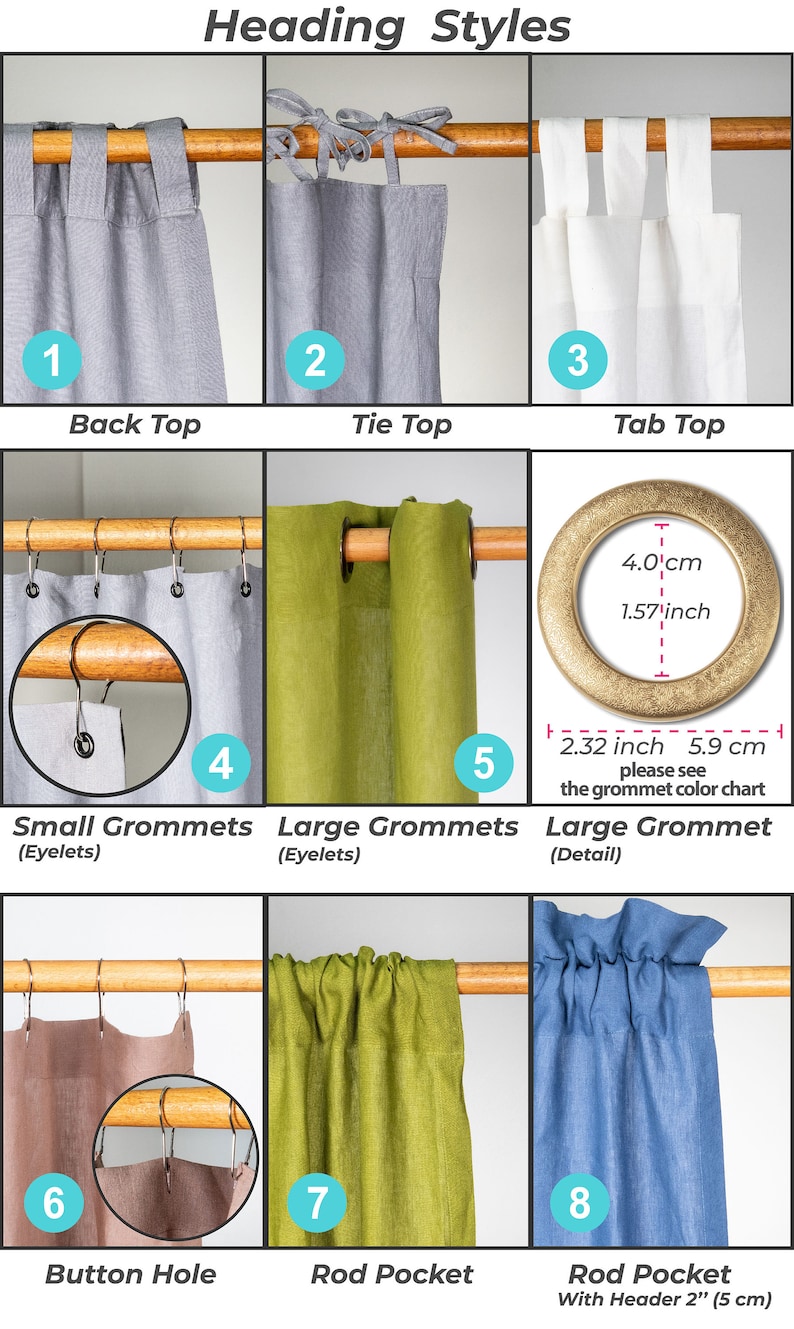 May include: Diagram showing different curtain header styles, including back top, tie top, tab top, small grommets, large grommets, button hole, and rod pocket. The diagram also shows the size of a large grommet, which is 1.57 inches or 4 cm in diameter.