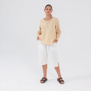 Scoop Button-Up LINEN TOP with 3/4 Sleeves and Cuffs in 41 Color Options, Washed and Pre-shrunk Linen, Mothers Day Gift for Her image 10