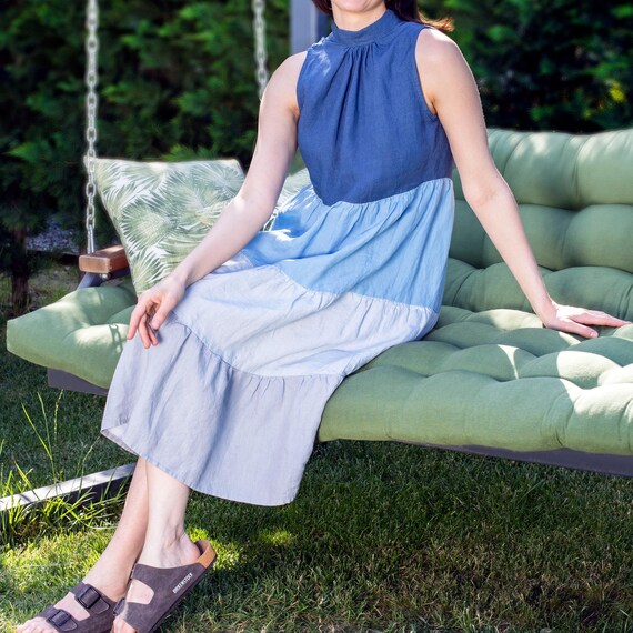 Custom Linen Tiered Midi Dress: Neck Tie Back, Hidden Pockets, Mothers Day Gift for Her
