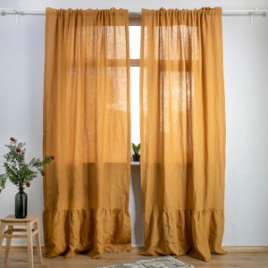 RUFFLED Linen Curtains with rod pocket 41 COLOR 100% Natural European Linen Farmhouse Kitchen Window Amber Yellow Saffron Ship from USA