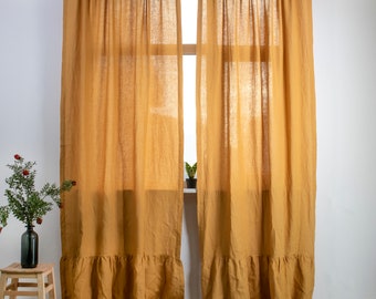 RUFFLED Linen Curtains with rod pocket 41 COLOR 100% Natural European Linen Farmhouse Kitchen Window Amber Yellow Saffron Ship from USA