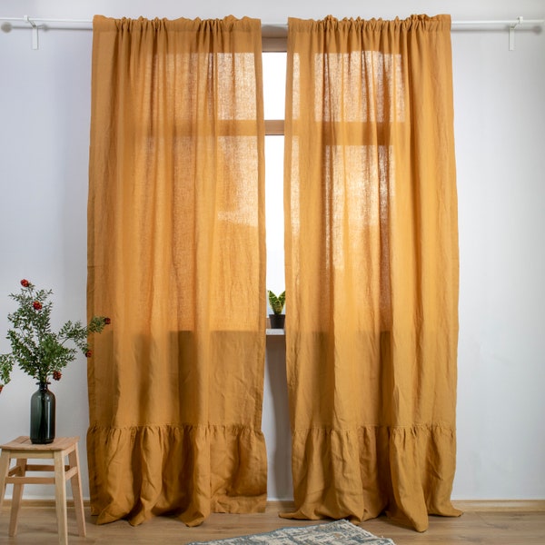 RUFFLED Linen Curtains with rod pocket 41 COLOR 100% Natural European Linen Farmhouse Kitchen Window Amber Yellow Saffron Ship from USA