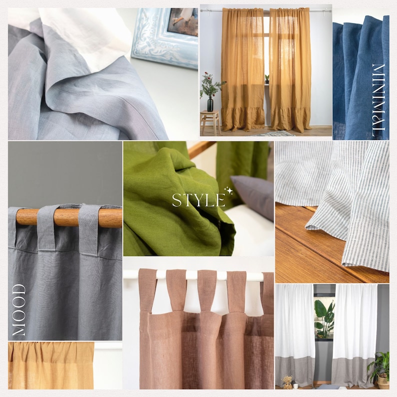 May include: A collage of different linen curtains in various colors and styles, including gray, green, brown, white, and yellow. The curtains are shown in different settings, such as a bedroom, a living room, and a kitchen. The text "STYLE" and "MOOD" are visible in the image.