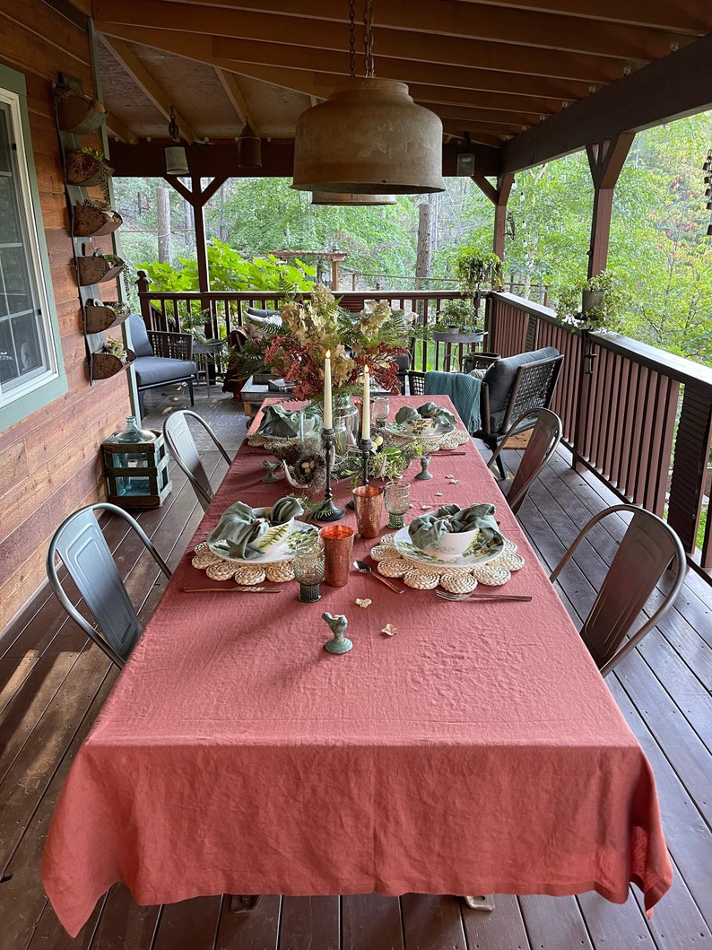 a table with a red table cloth on it