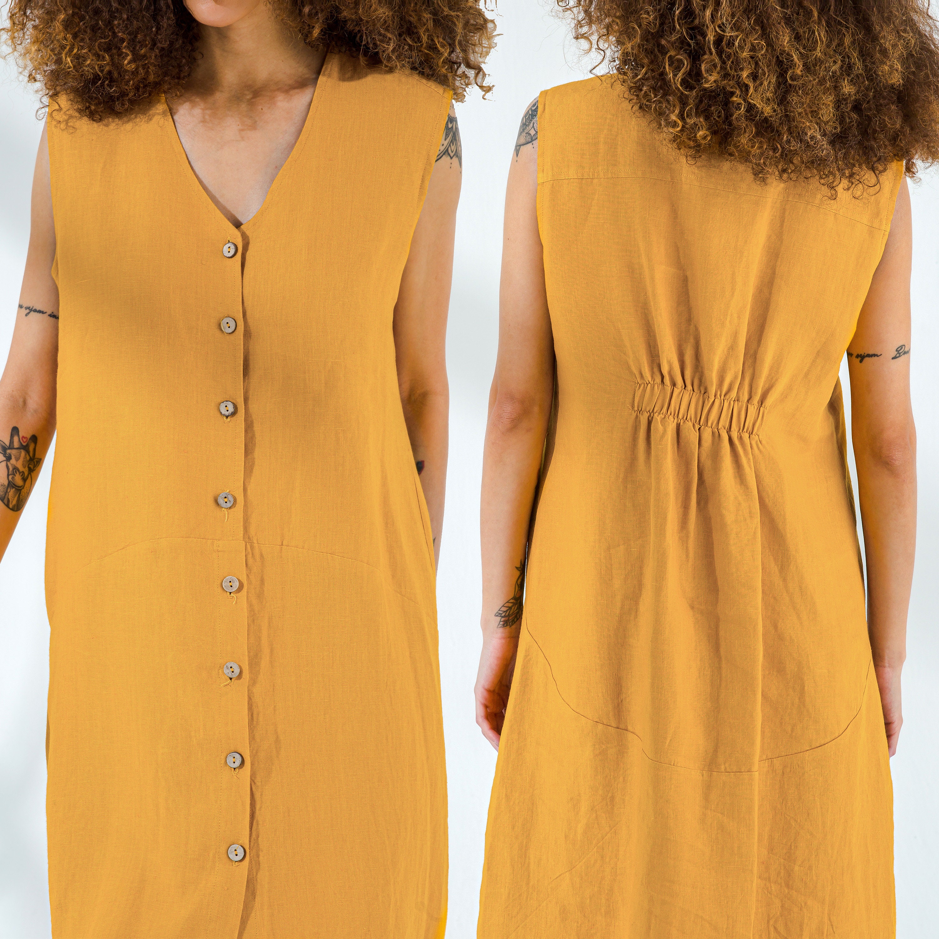 Sleeveless V Neck Linen Button Down Dress with Elastic Band at The Back | Summer Linen Dress - Mothers Day Gift for Her
