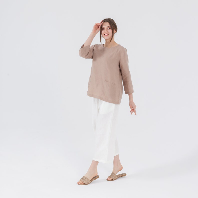 MAMA Linen Tunic with POCKETS and Long Sleeves, Plain Linen Blouse in Taupe color, 100% Natural Linen Mothers Day Gift for Her image 2