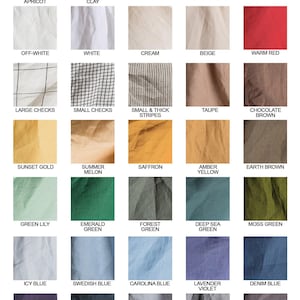 May include: A color chart displaying forty-one fabric swatches in various shades including pinks, oranges, reds, whites, browns, yellows, greens, blues, and grays, with text labels for each color and a bottom section describing 100% linen fabric.