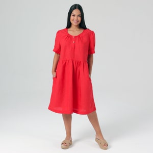 Linen Dress with Pleated Collar, Hidden Pockets, and Short Sleeves  100% Linen, Mothers Day Gift for Her