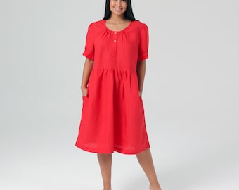 Linen Dress with Pleated Collar, Hidden Pockets, and Short Sleeves  100% Linen, Mothers Day Gift for Her
