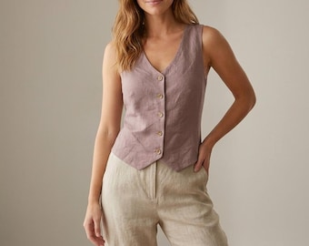 Tailored Linen Waistcoat, Organic Flax Vest for Women, Sleeveless Buttoned Shirt, Casual Linen Vest Top, Suit Vest Separates