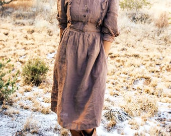 Ruffled Linen Midi Dress, Puff Sleeves, Adjustable Waist | Mothers Day Gift for Her