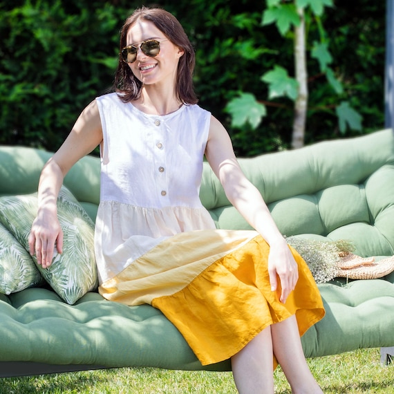 Linen Tiered Dress | Handmade Sleeveless Midi with Coconut Buttons | Mothers Day Gift for Her