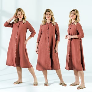 Linen Collared Linen Shirt Dress 3/4 Sleeve, Relaxed Fit Belt Pockets Mothers Day Gift for Her image 6