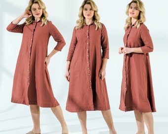Collared Linen Shirt Dress with Belt and Two Pockets | 3/4 Sleeve, Relaxed Fit | Belt | Pockets | Mothers Day Gift for Her